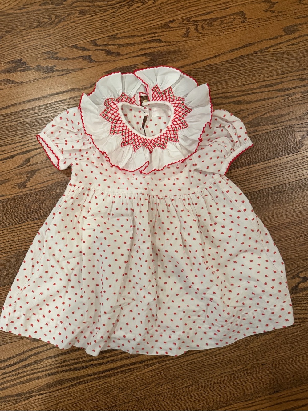 White and Red Swiss Dot Ruffle Collar Girls Dress